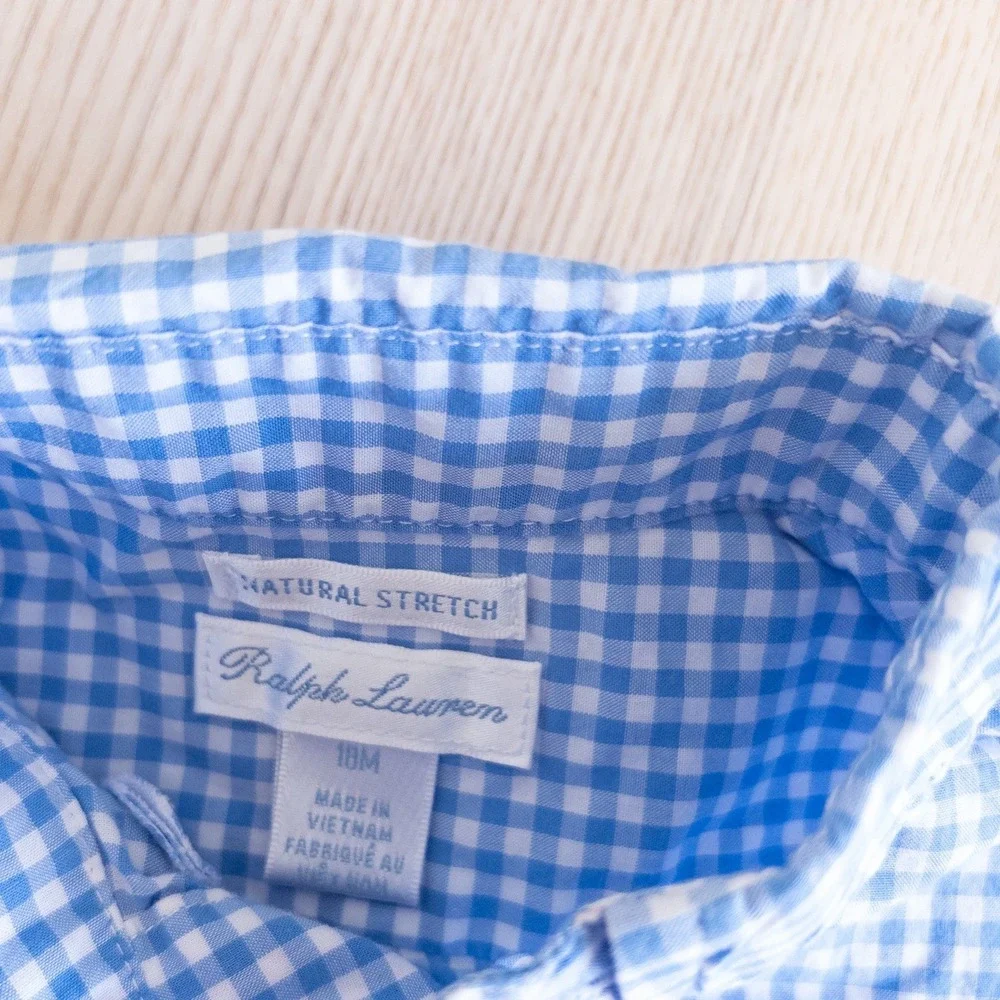 Ralph Lauren Button Down Shirt Blue White Gingham Plaid Short Sleeve Baby 18M